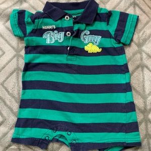 Green and blue striped polo onesie